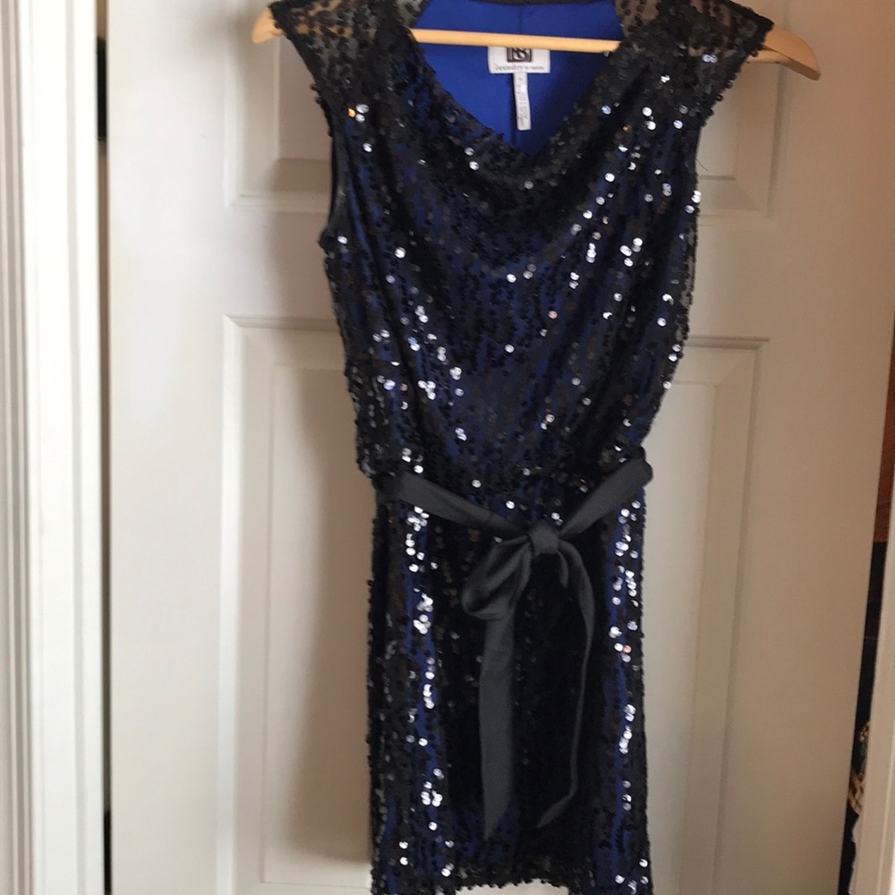 Chic blue and black sequined mini dress.